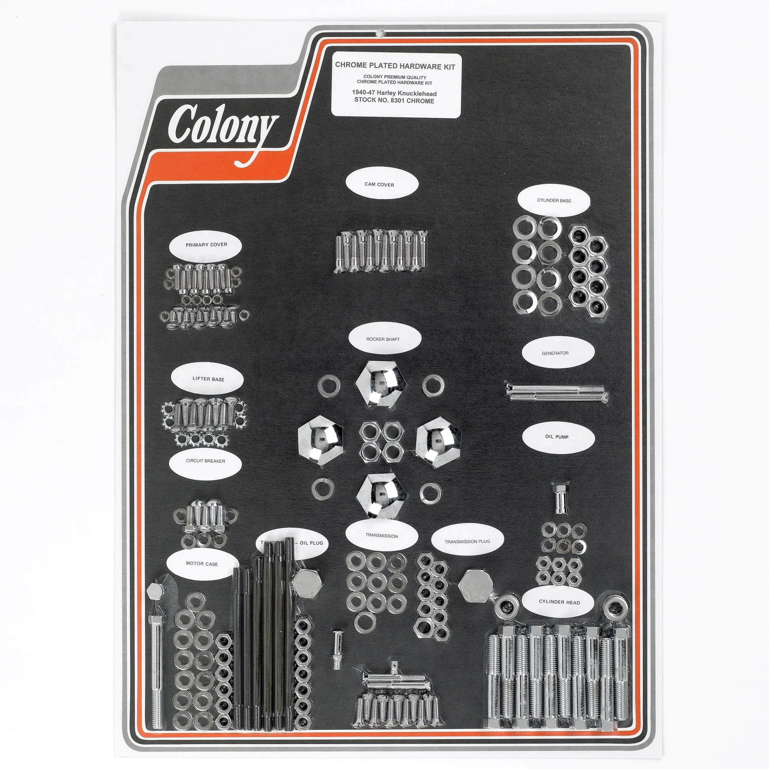 Colony #8301 CHR Complete Stock Hardware Kit - 1940 - 1947 Knucklehead - Chrome Plated 3 Colony #8301 CHR Complete Stock Hardware Kit - 1940 - 1947 Knucklehead - Chrome Plated